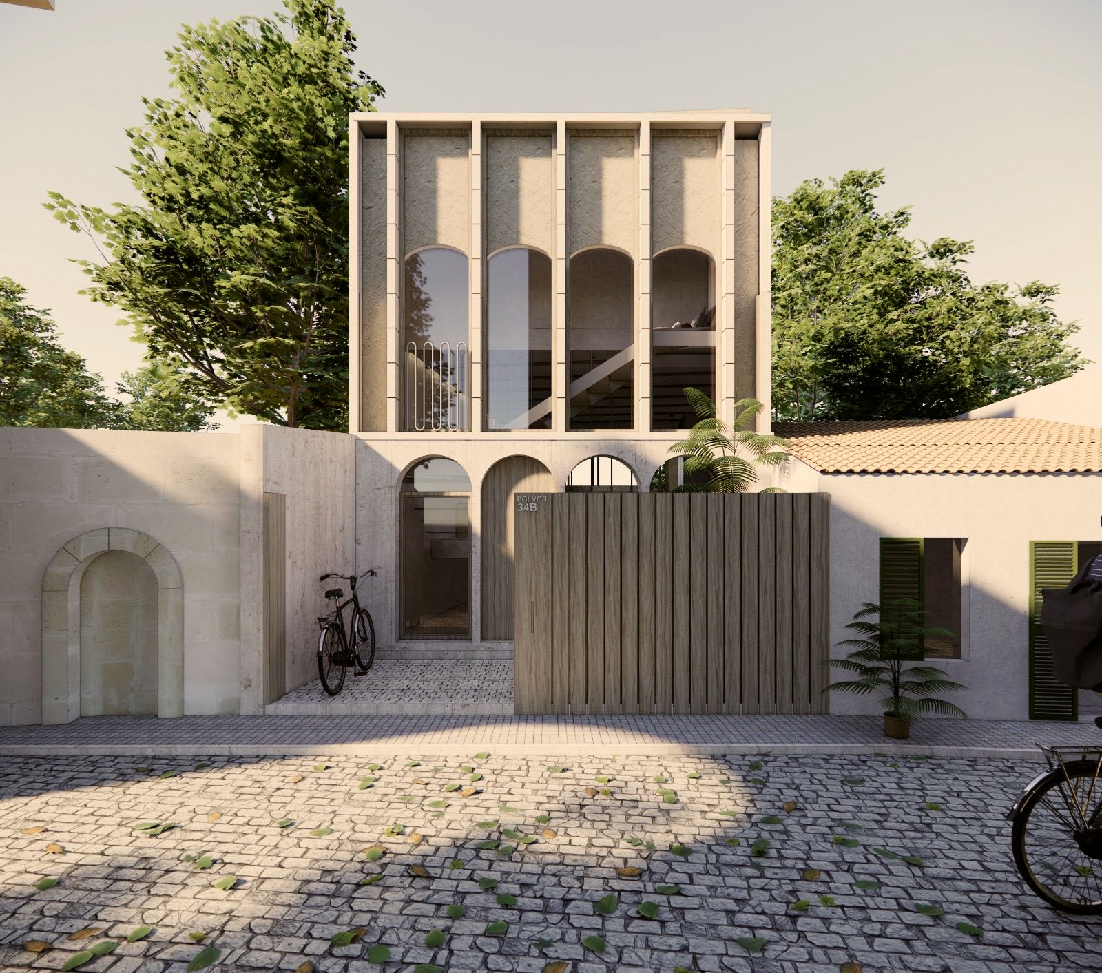 Street view of Casa Bellver with arched loggia and timber gate