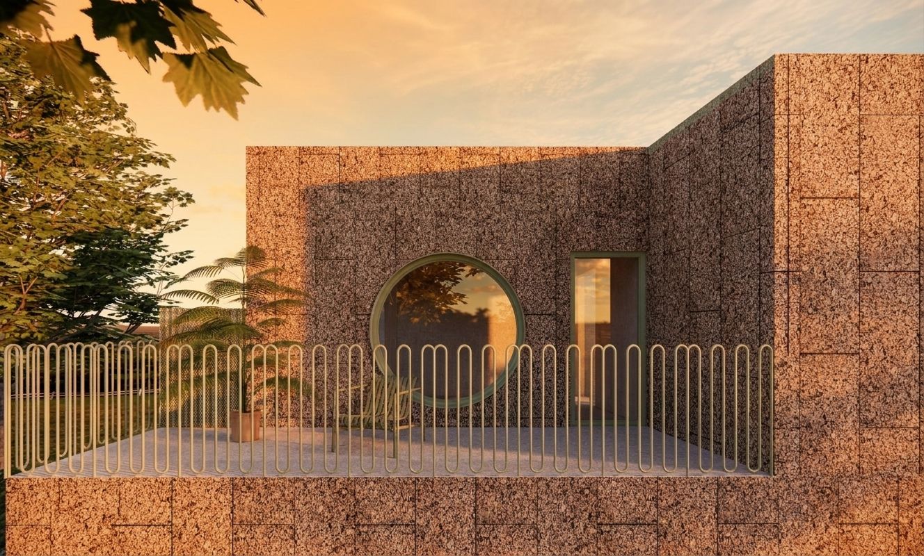 Cork-clad roof terrace with circular opening at sunset