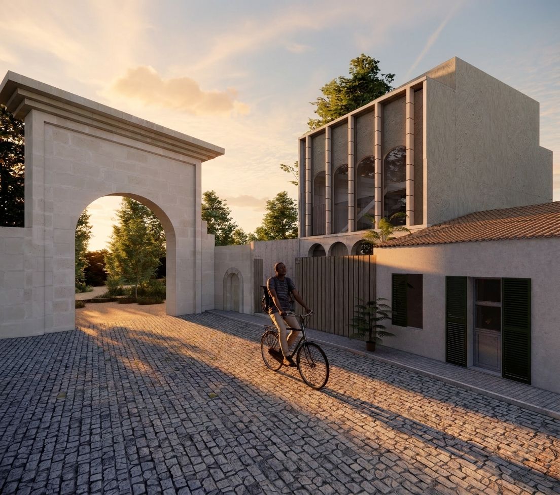 Arched entrance on the cobbled street at golden hour