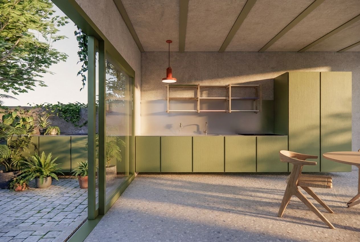 Open kitchen and dining area opening to the garden
