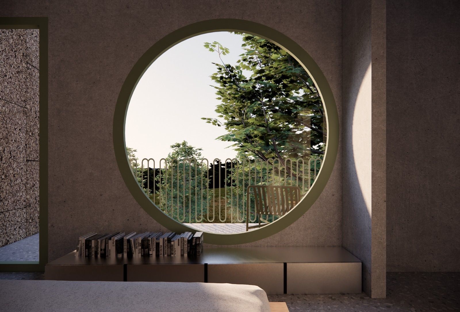 Round window framing the trees of Bellver park