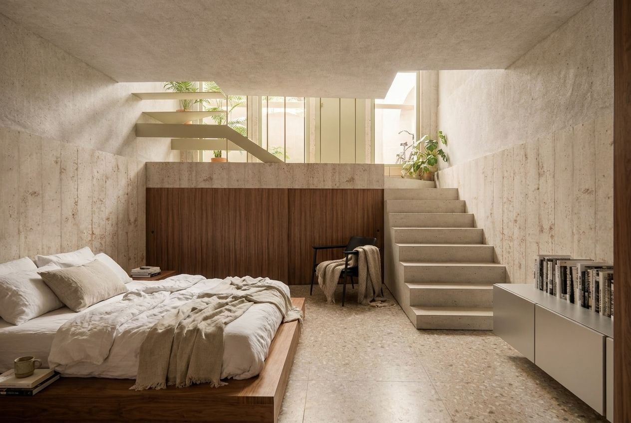 Bedroom with terrazzo floor and floating stair